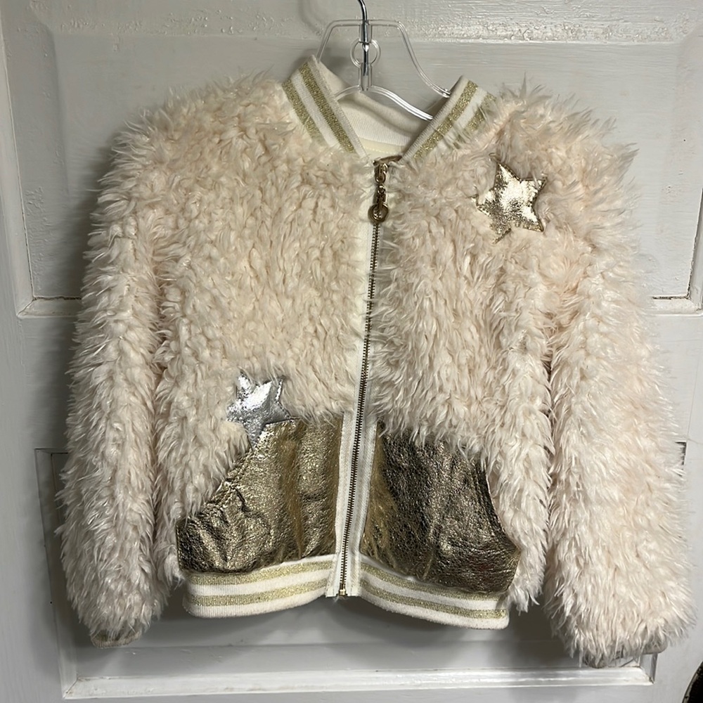 Cream and gold furry jacket. Size 5